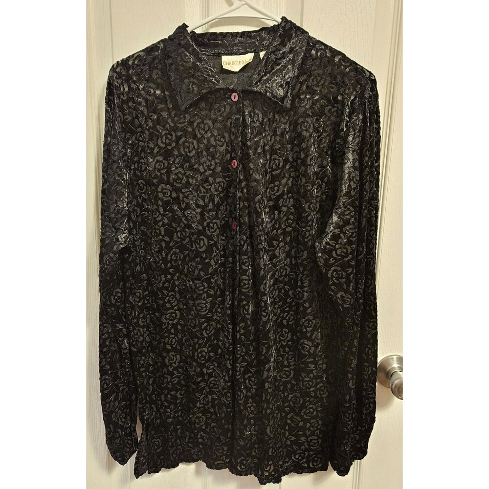 Christie & Jill Women’s Medium Black Floral Blouse Long Sleeve Crinkle Button...